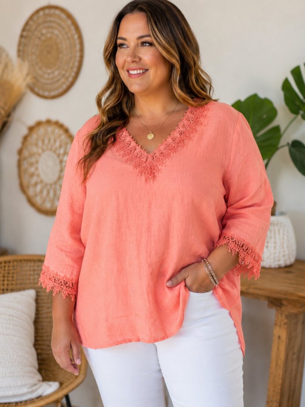 Lily Stanhope 1X‎ 100% Linen Coral Embroidered V-Neck Tunic Top Boho Coastal